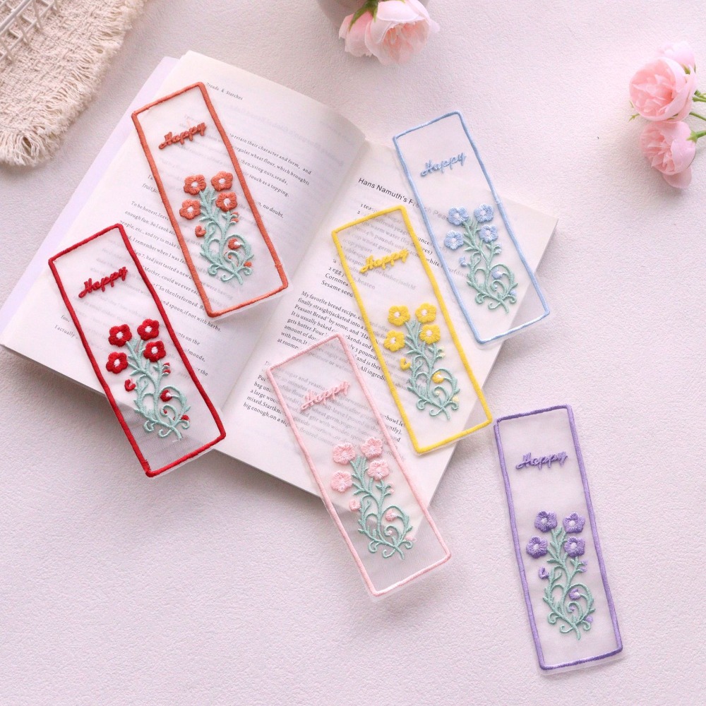 Dried Flower Bookmark - Kreative Transparente Organza-Lesezeichen mit Blumenstickerei Rechteckige