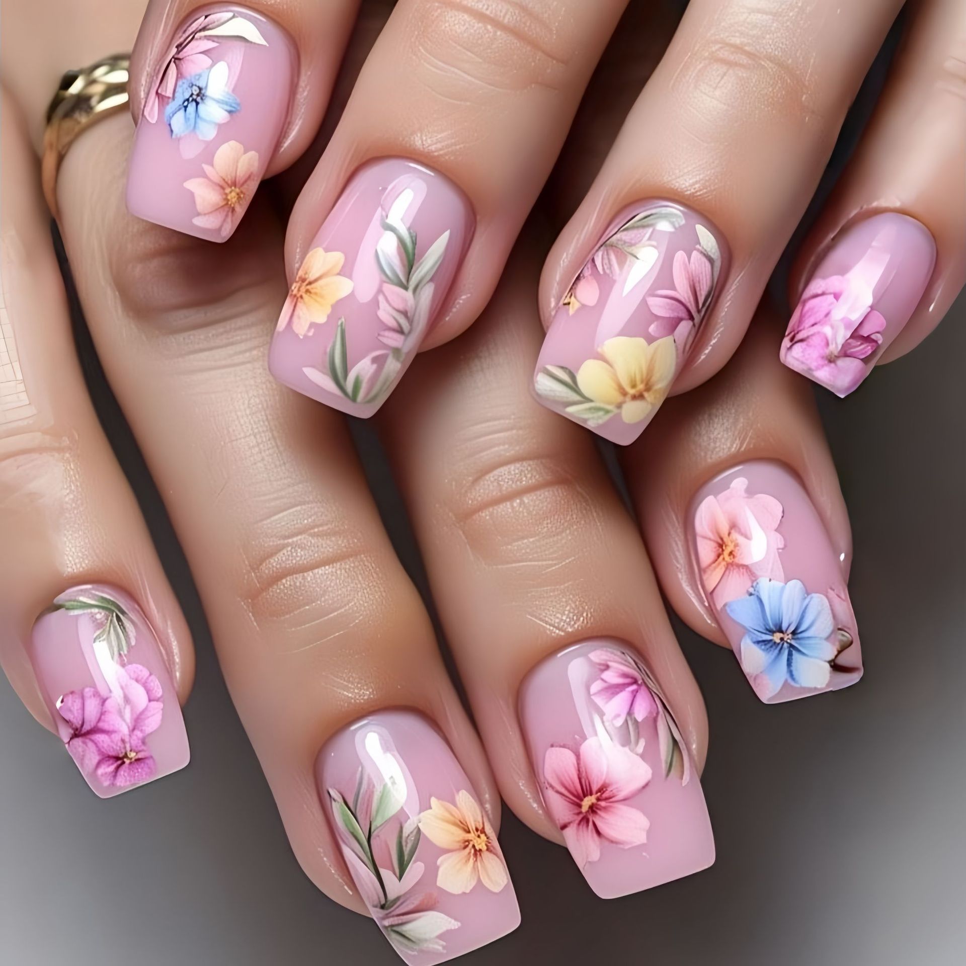 Pressed Flower Art - Mittellange künstliche Nägel für Frauen und