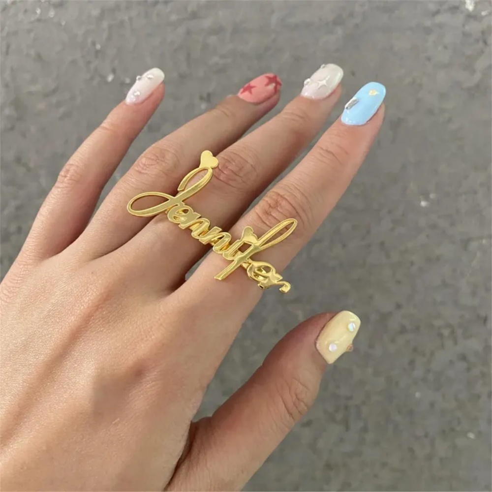 Initial Ring Custom - LeeChee Personalisierter Zwei-Finger-Namensring aus Edelstahl mit